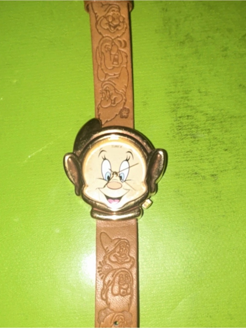 Disney Brown Leather Strap Watch with Character Face and Gold-Tone Case